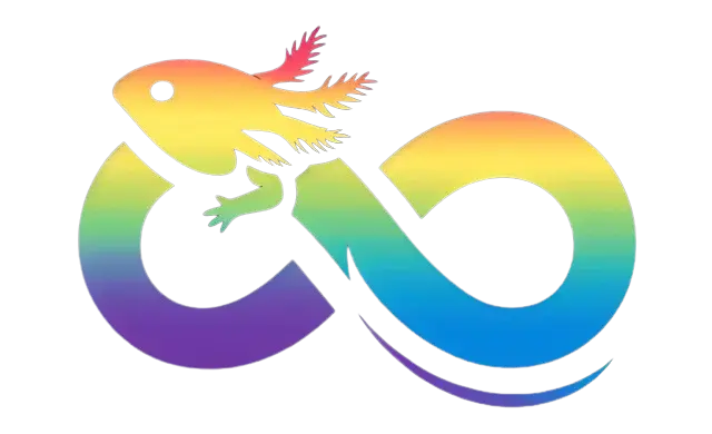 Imagen de una lemniscata con la cabeza de un Axolotl en la curva superior izquierda, multicolor